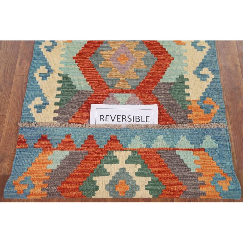 Reversible Kilim Runner Rug Hand-woven Hallway Wool Carpet - 2'8" x 9'7"