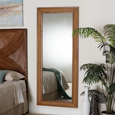Rowanne Mid-Century Modern Walnut Brown Rubberwood and Rattan Frame Wall Mirror
