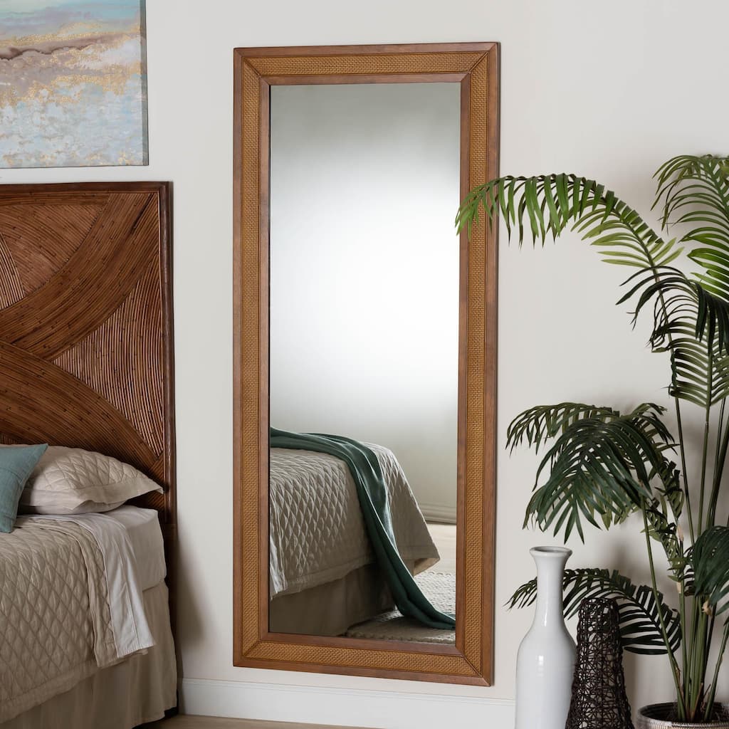 Rowanne Mid-Century Modern Walnut Brown Rubberwood and Rattan Frame Wall Mirror