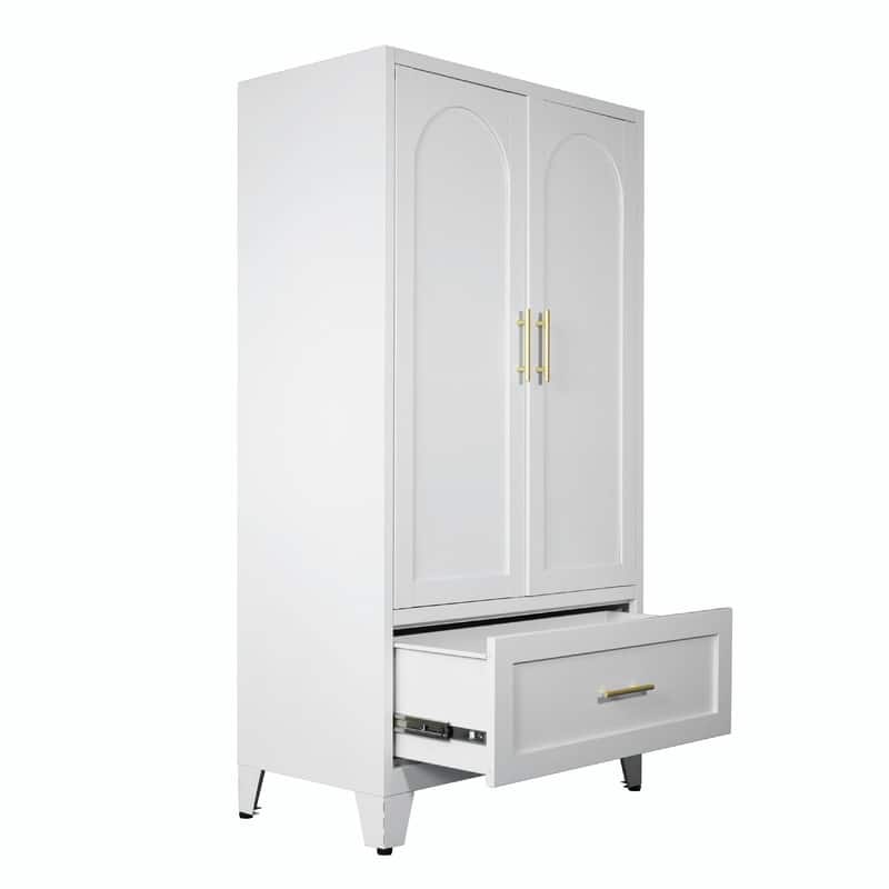 60" Tall Metal Wardrobe Cabinet - 2-Door Closet with Hanging Rod, Shelf, and Drawer