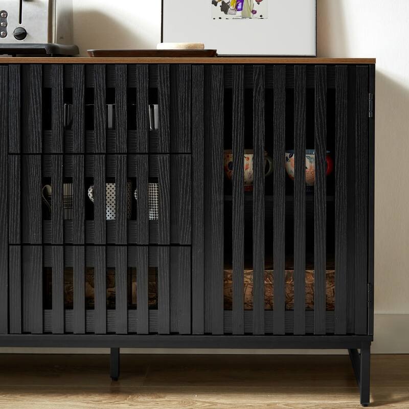 47.3" Horizontal Dresser with 3 Drawer and 2 Doors, Slatted Grille Striped Design and Hollow Caving