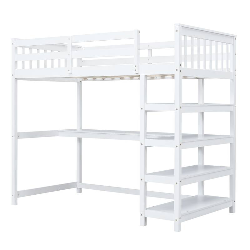 Full/Twin Size Loft Bed with Under-bed Desk & Storage Shelves, Space-Saving Design, Solid Pine Frame, No Box Spring Required