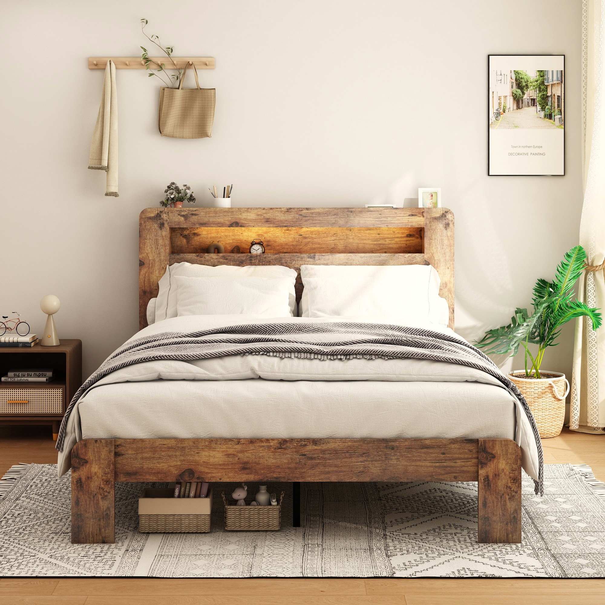 Wood Bed Frame King Size with Storage LED Light Headboard