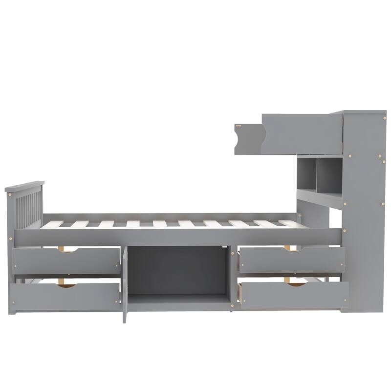 Full Size Captain Platform Bed Frame with Storage Bookcases and Shelves, Four Drawers,White