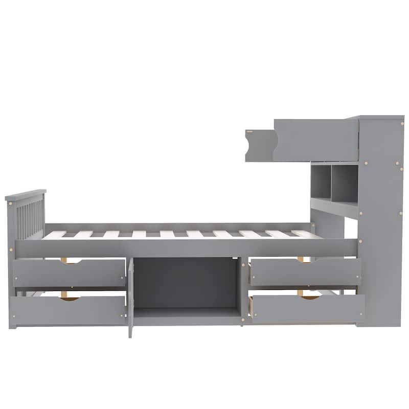 Full Size Captain Platform Bed Frame with Storage Bookcases and Shelves,Four Drawers