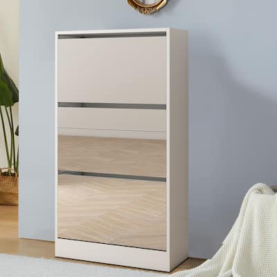 Minimalist Wooden Shoe Storage Cabinet with Mirrored Drawer Front Panels