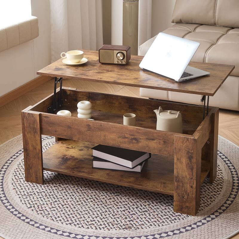 Wooden Coffee Table, Lift Top Coffee Table With Large Hidden Storage Shelf, Lift Tabletop Dining Tables - Brown