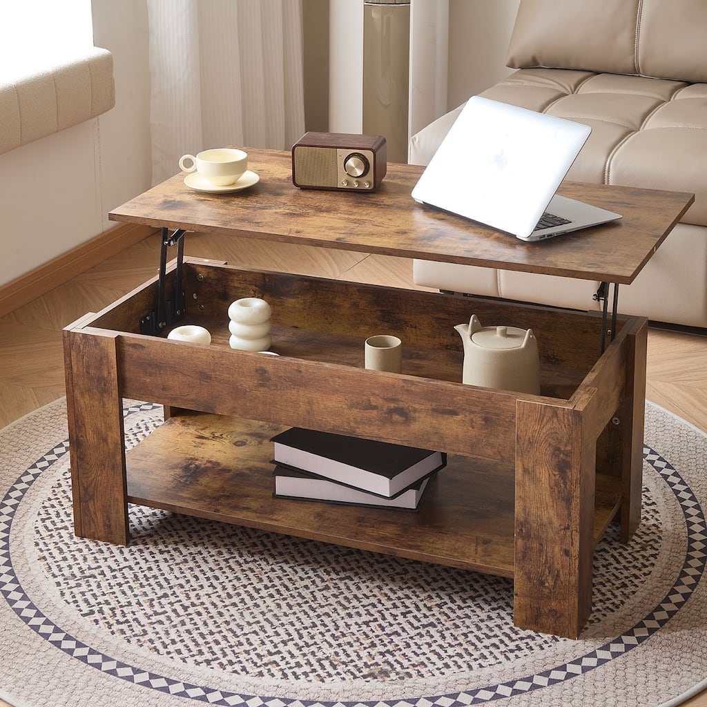 Wooden Coffee Table, Lift Top Coffee Table With Large Hidden Storage Shelf, Lift Tabletop Dining Tables