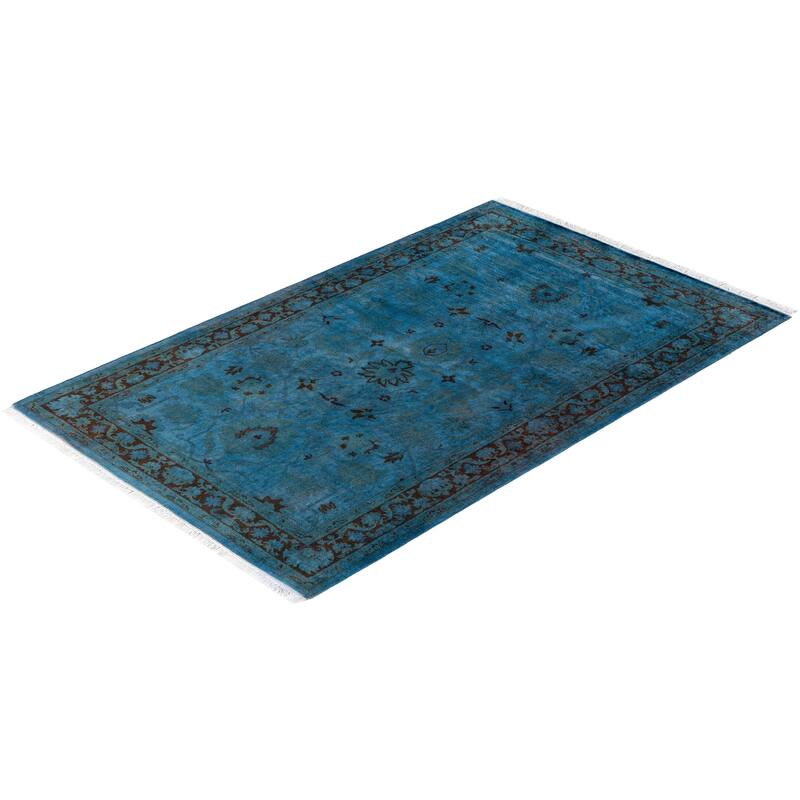 Overton Hand Knotted Wool Vintage Inspired Modern Contemporary Overdyed Blue Area Rug - 3' 2" x 5' 2"