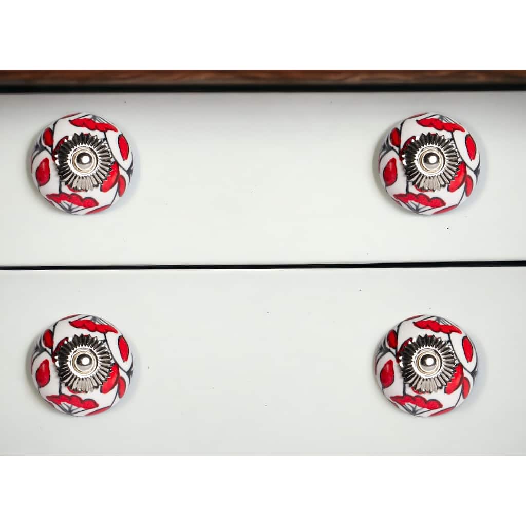 HomeRoots Set of Eight White And Red Ceramic And Metal Drawer Pull Knobs - 1.5' X '1.5' X '1.5