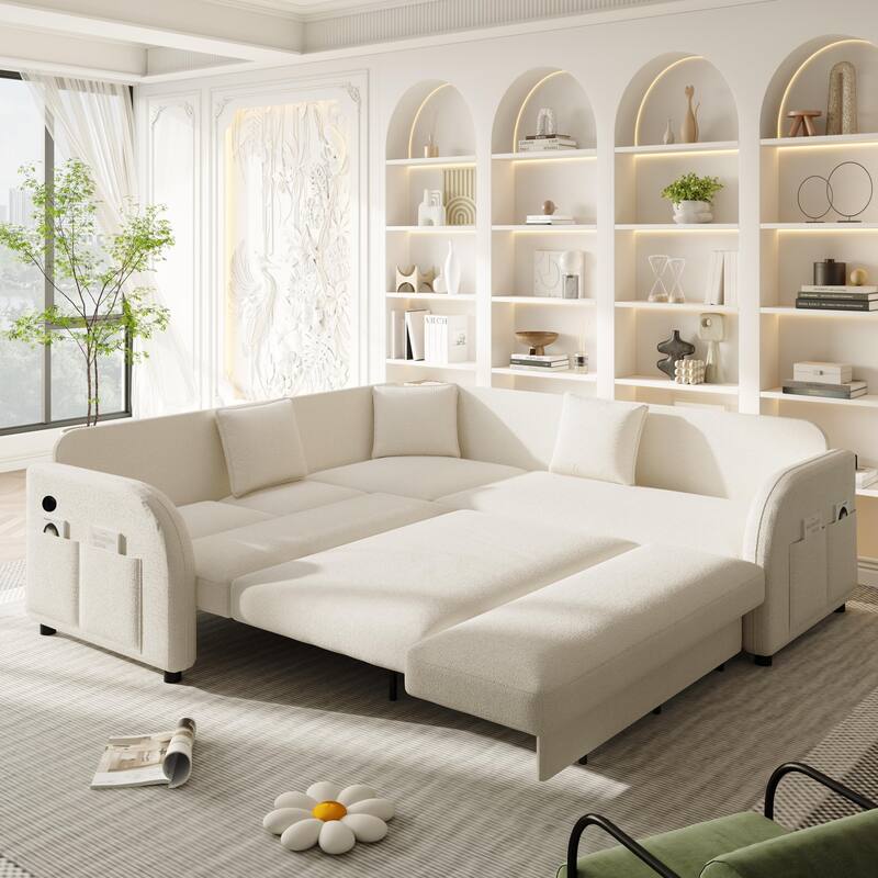 85" L-Shaped Convertible Sleeper Sofa with Pull-Out Bed, Teddy Upholstery & USB Ports