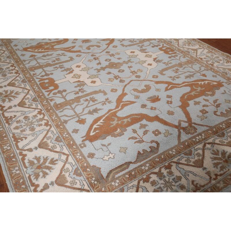 Light Blue Oushak Indian Area Rug Hand-Knotted Wool Carpet - 8'1"x 9'11"