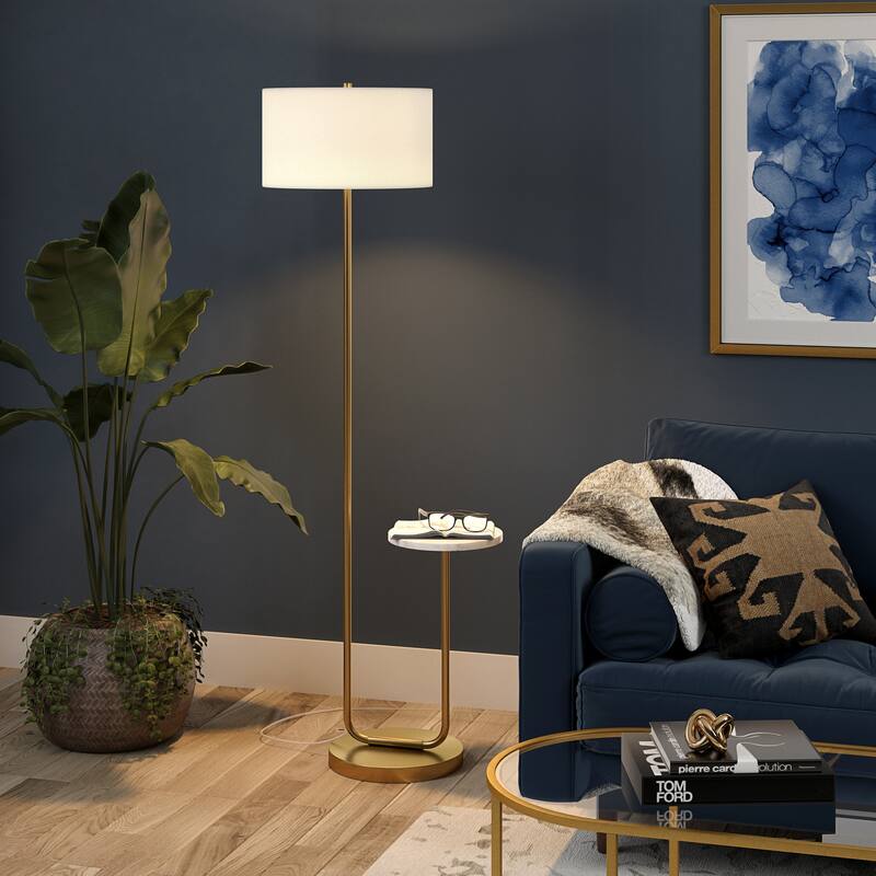 Jacinta Floor Lamp with Marble Tray Table and Fabric Shade - 23.75" Wide