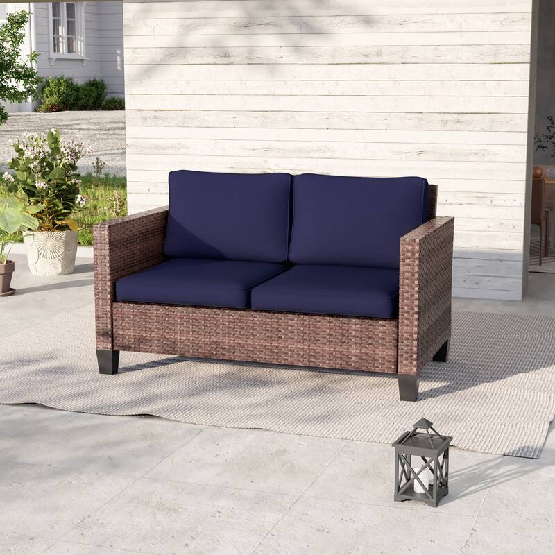 Livoosun Patio Loveseat Sofa Outdoor Wicker Couch, 2-Seater Furniture with High Back and Removable Cushions - Brown Wicker/Navy Blue Cushion