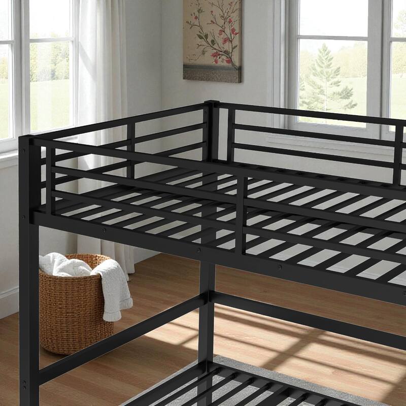 Full over Full / Queen over Queen Metal Bunk Bed with 3-Section Pull-Out Lower Bed and Safety Guardrails
