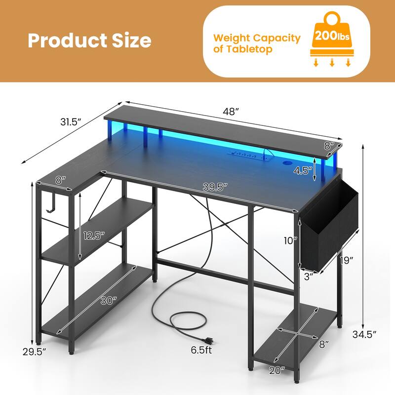 48 Inch L Shaped Computer Desk with LED Lights Gaming Workstation with Monitor Stand Storage