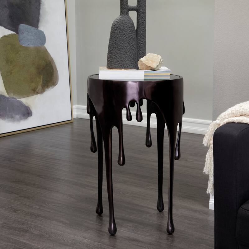 Aluminum Metal Abstract Drip Accent Table with Melting Design and Shaded Glass Top - Roche River Decor