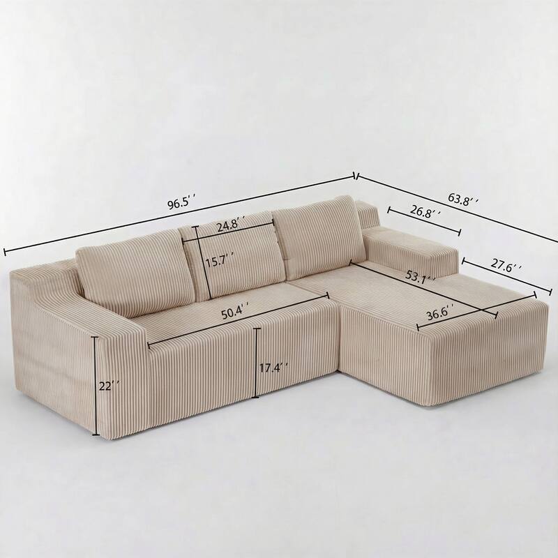 Corduroy L-Shaped Modular Sofa, Luxury Foam-Filled Floor Couch