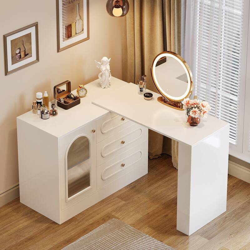 Modern 360° Rotatable Vanity Desk Dressing Table with 3 Drawers - N/A