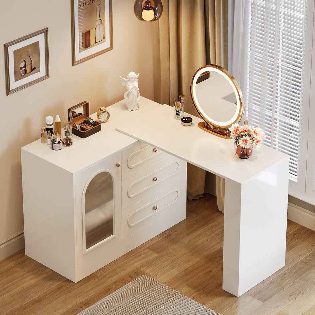 Modern 360° Rotatable Vanity Desk with 3 Drawers, White Corner Vanity