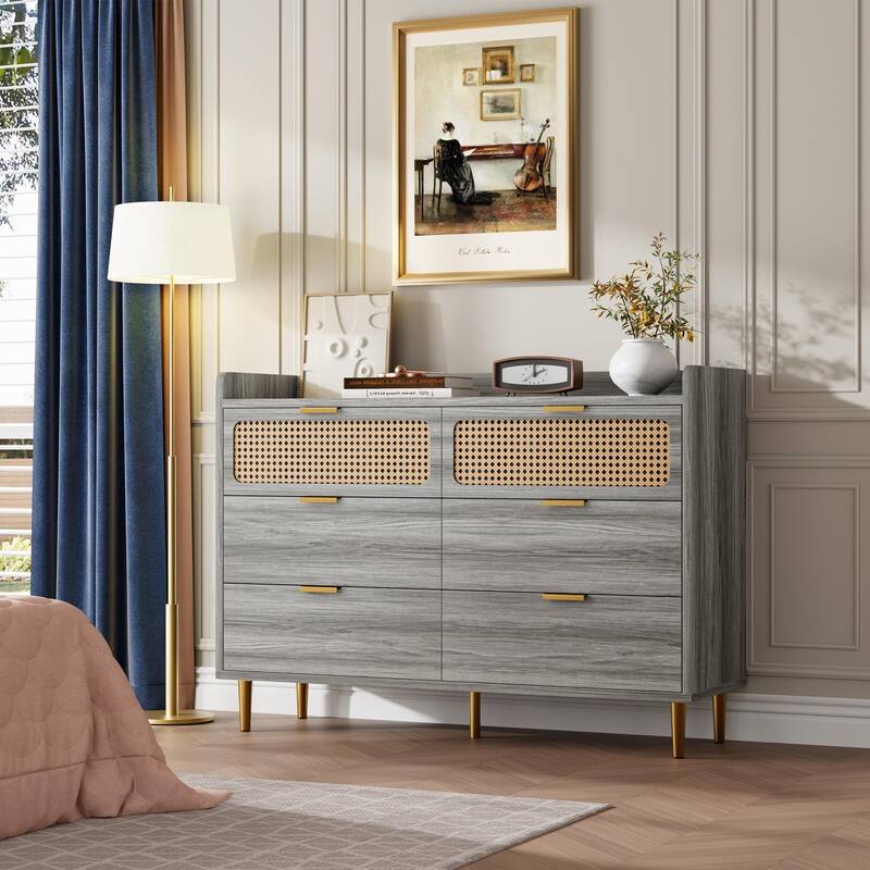 6 Drawer Double Dresser for Bedroom, Modern Chest of Drawers with Rattan Accents & Metal Legs