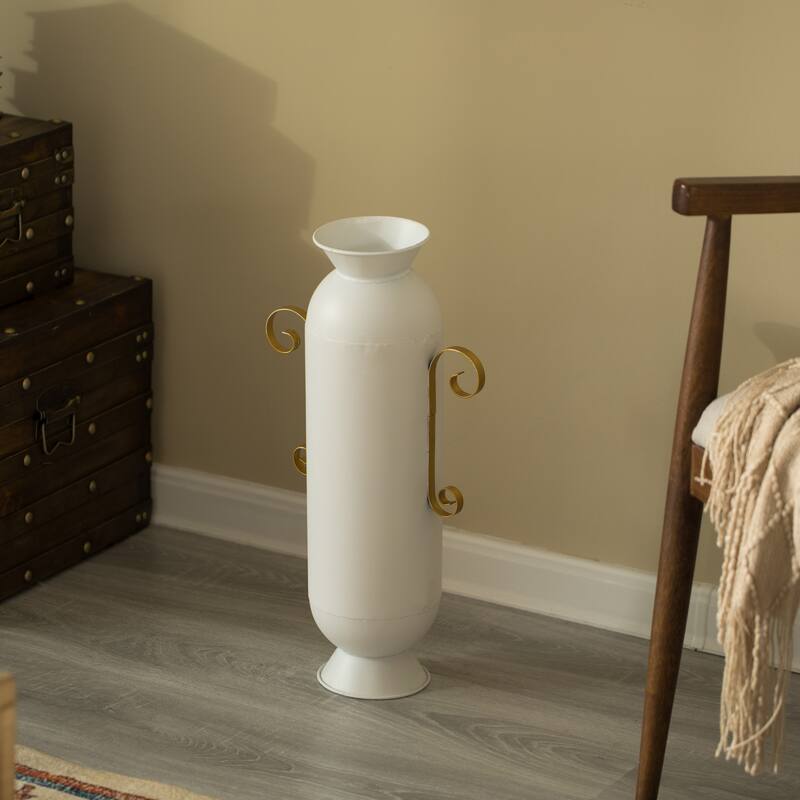 19.25 in Tall Decorative White Metal Floor Vase With 2 Gold Handles - Elegant Handcrafted Chic Vessel for Home Decor