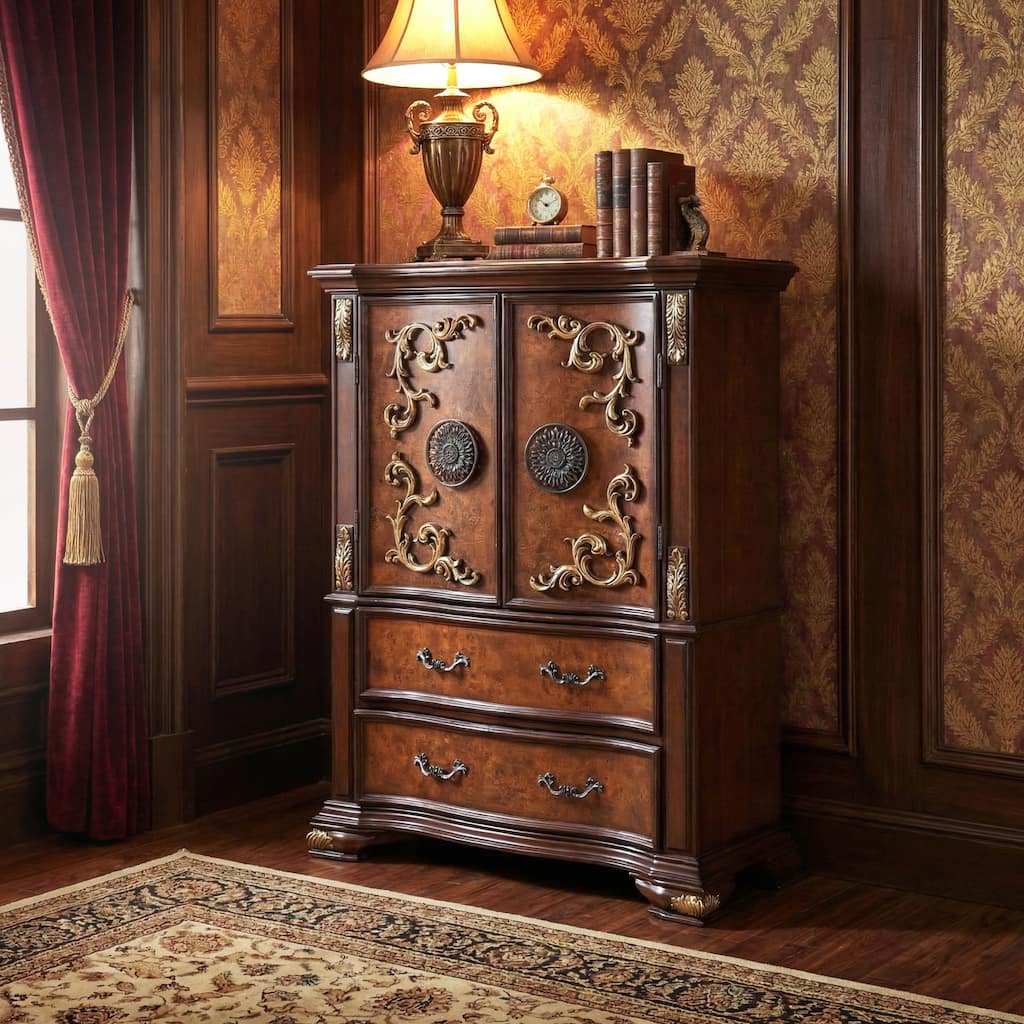 Furniture of America Cresswell Traditional Dark Cherry and Oak Wood 6-Drawer Chest with Doors