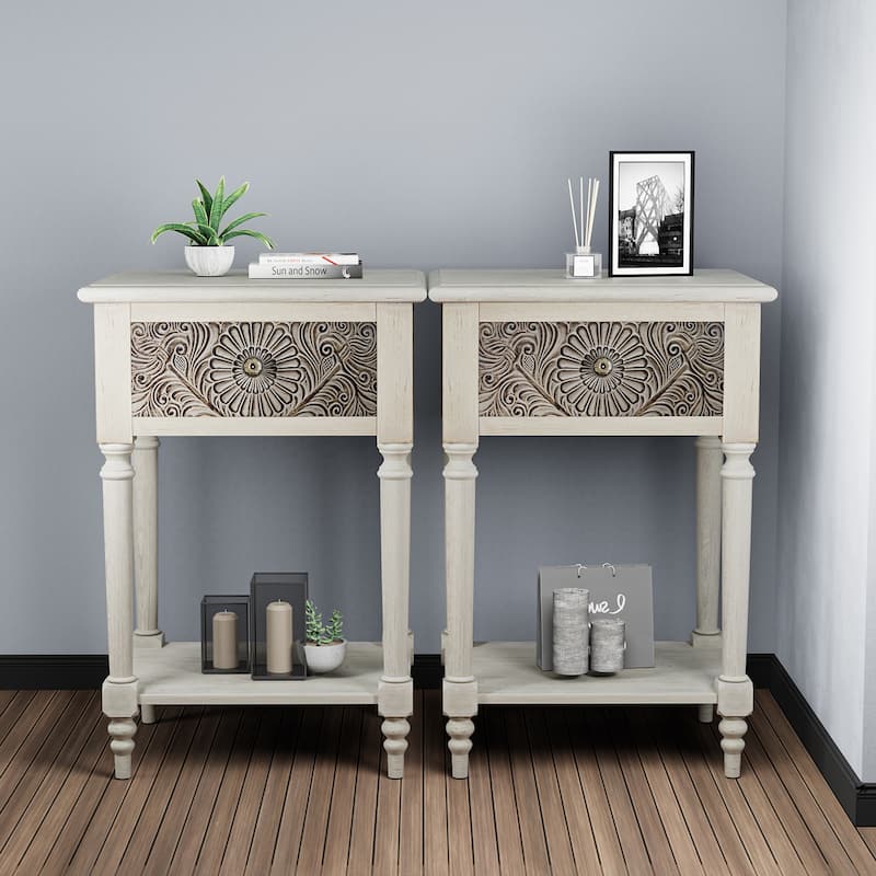 SUNBURY Vintage Solid Wood Nightstand with Drawer - 2PC-Daisy - 1-drawer