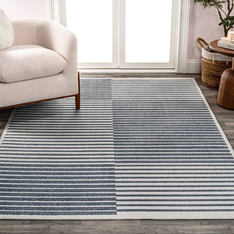 JONATHAN Y Slinger Minimalist Striped Plaid Machine-Washable Dark Gray/Cream Area Rug