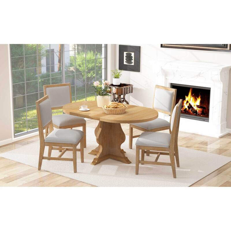 Roomfitters Farmhouse Extendable Dining Table, 4 Upholstered Chairs, 5-Piece Kitchen Furniture