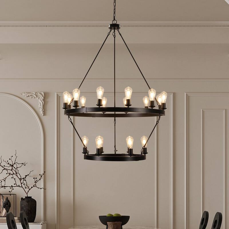 Cicyy Modern Large Black 26 Lights Metal Wagon Wheel Chandelier - Black - 18lights-2tier