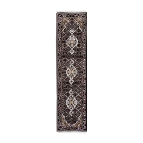 Shahbanu Rugs Black Tabriz Mahi Fish Medallion Design Wool And Silk Hand Knotted Oriental Runner Rug (2'0" x 8'2") - 2'0" x 8'2"