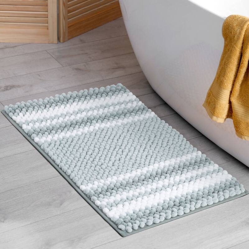 Chenille Rug Nonslip Mat Shaggy Soft Absorbent - Light Cyan and White - 17"x24"