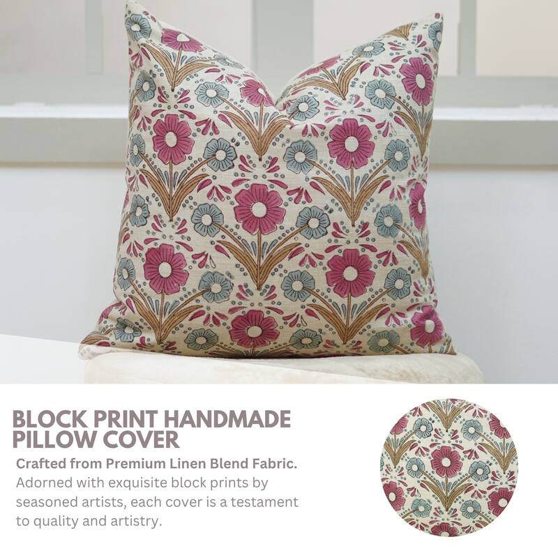 Fabdivine Square Accent Pillowcase 20x20 Inch Floral Farmhouse Fall Decor for Chair Living or Bed Room Pink Linen, Vanshika