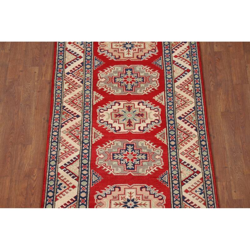 Red Geometric Kazak Oriental Runner Rug Hand-Knotted Wool Carpet - 2'8" x 9'4"