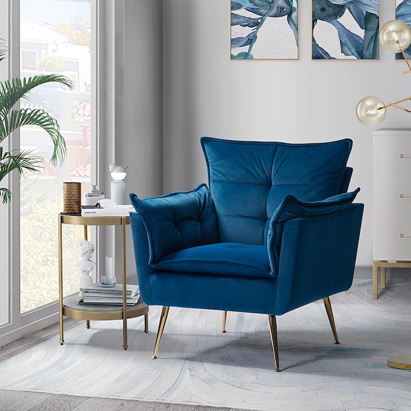 1ida Modern Velvet Tufted Padded Cushion Armchair with Golden Metal Legs by HULALA HOME - NAVY