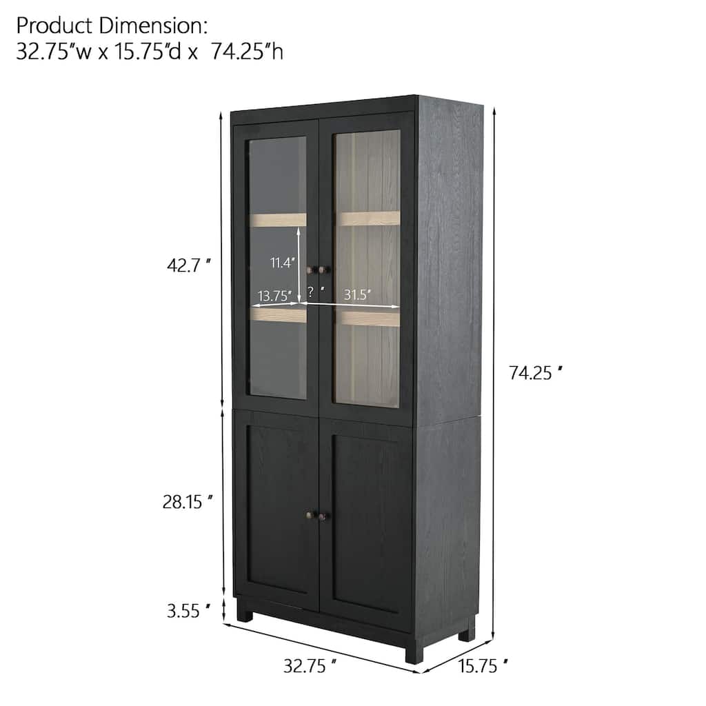 74.5''HDisplay Cabinet Bookcase with Storage, , Mid-Century Modern Bookshelf Curio Cabinet for Hallways