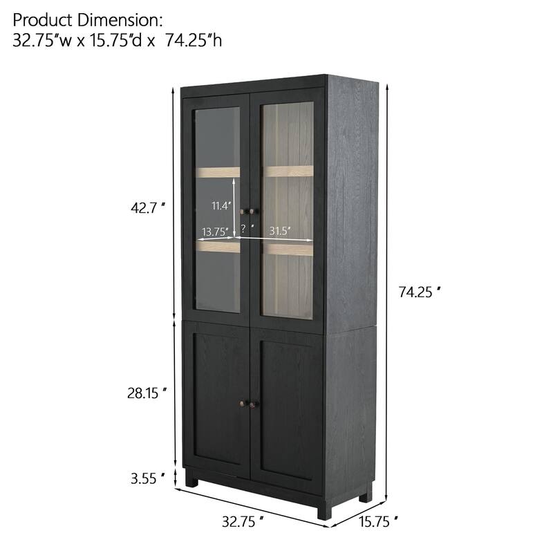 Roomfitters 74.5'' Ash Wood Display Cabinet with Glass Doors, Mid-Century Modern Bookcase Curio Cabinet with Storage, Black