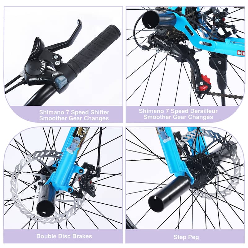 Freestyle Kids Mountain Bike, 26-inch, Shimano 7-Speed, Double Disc Brakes, Purple Bicycle for Boys & Girls 12+ Years