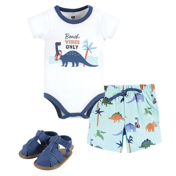 slide 1 of 1, Hudson Baby Infant Boy Cotton Bodysuit, Shorts and Shoe Set, Beach Dino 0-3 Months - Beach Dino