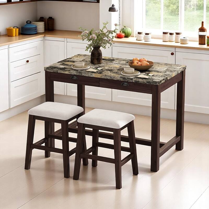 3-Piece Modern Dining Set with Faux Marble Table & 2 Stools, Space-Saving with Storage Drawers, Upholstered for Dining Room - Walnut