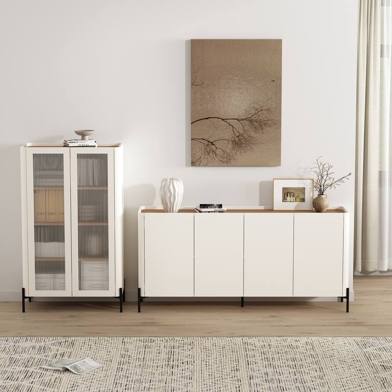 Manhattan Comfort 2-Piece Modern Abbey 66.9 In. Sideboard Glass Cabinet Set - Maple and Off White
