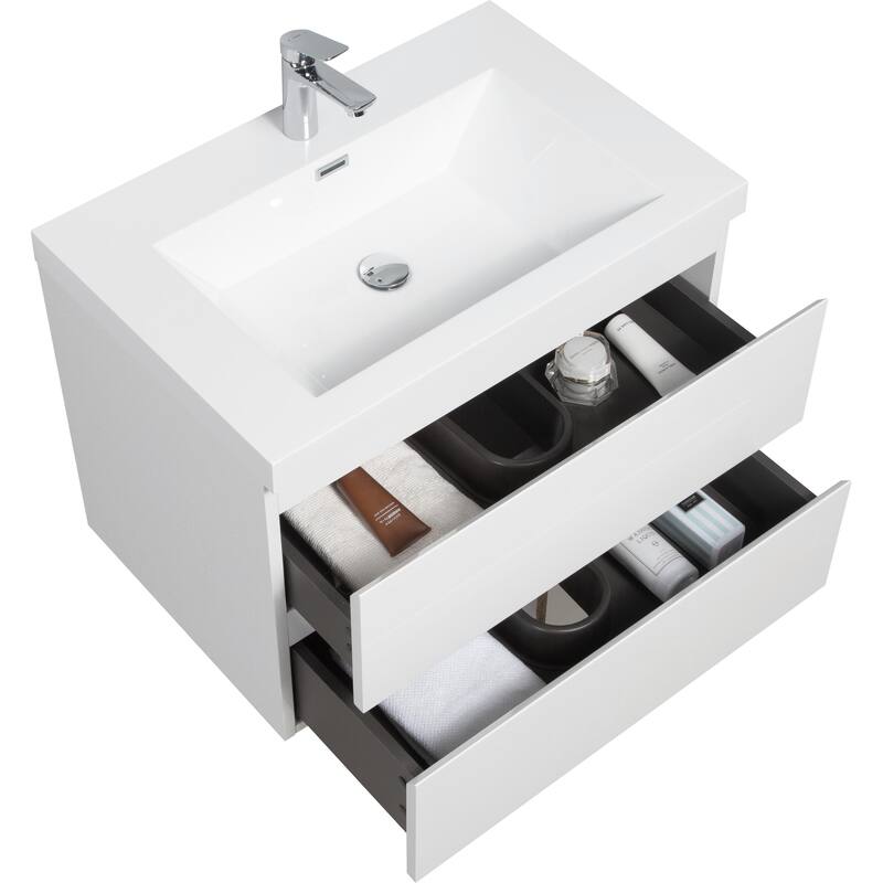 29.5" Floating Bathroom Vanity with Resin Sink, Glossy White Finish, 2 Drawers, Easy Installation - 29.53in L Wood