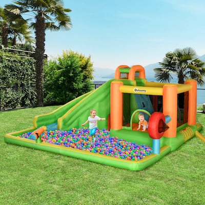 Outsunny 7-in-1 Inflatable Water Slide, Kids Castle Bounce House Includes Ball-target, Boxing Post, Tunnel, 750W Air Blower