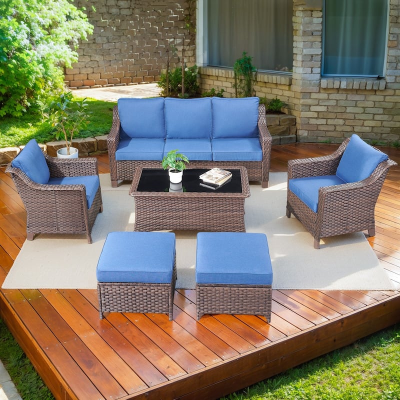 PE Wicker Chair with Sofa Table Ottomans - Blue - Brown