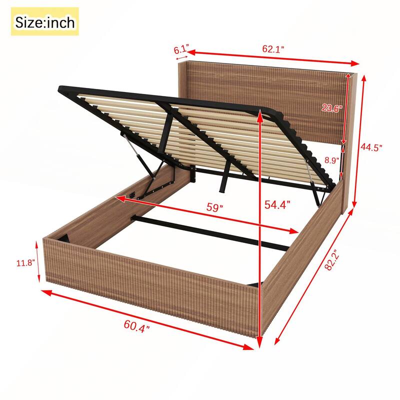 Large Grooved Undulating Lift Storage Bed Frame with Lift Storage