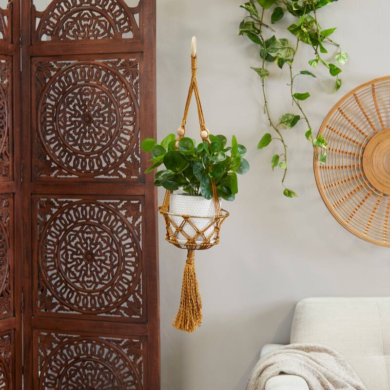 Intricately Handmade Fabric Hanging Macrame Wall Planter - Brown or White - Brown - 8"W, 29"H
