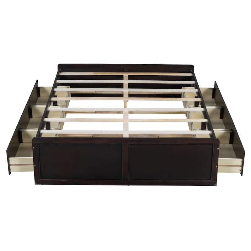 Queen Size Solid Wood Platform Bed with 6 Storage Drawers - No Box Spring Needed