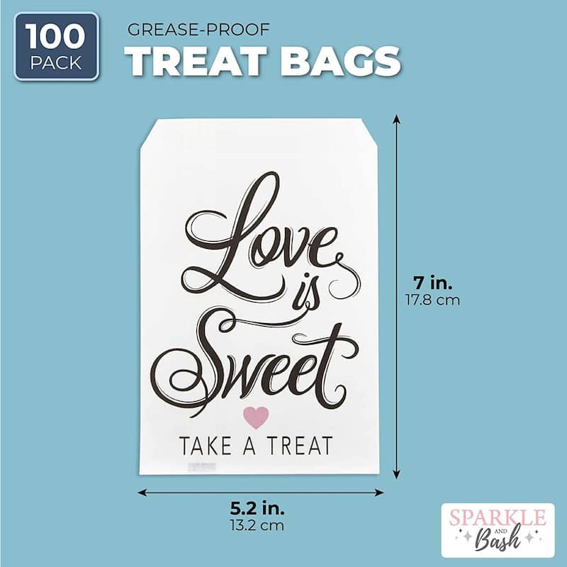 Sparkle and Bash 100 Love Is Sweet Treat Bags for Wedding, Bridal Shower, Engagement Party