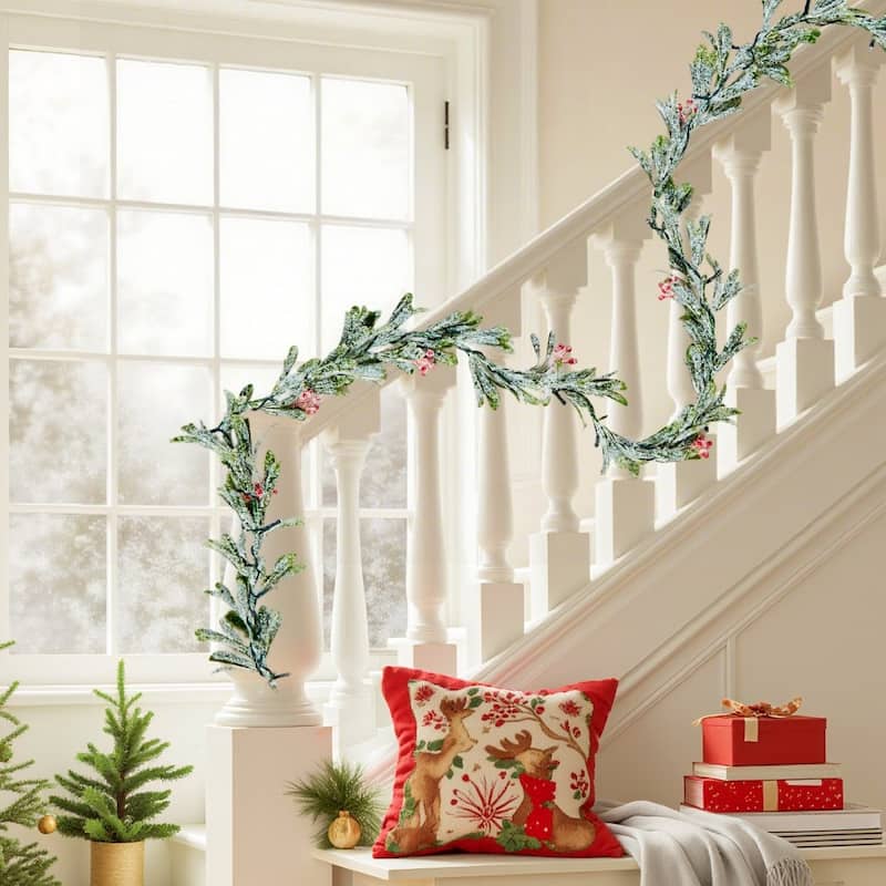 Snowy Green LED Lighted Christmas Garland with Olive Leaves and Vine Berries for Stairs and Mantels
